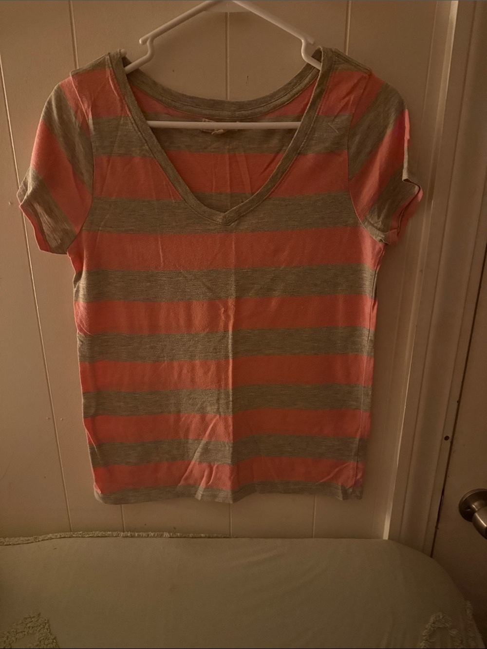 Forever 21 Pink and Gray Striped V-Neck Tee